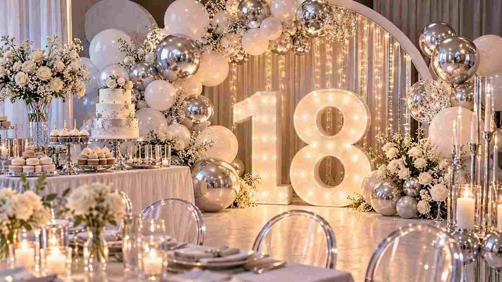 silver and white theme for 18 years old birthday